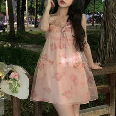Aiertu - Roses and Petals and Thorns Pink Floral Mini Dress Goth Dress Dark Academia Kawaii Academia Y2K Cottagecore Coquette Fairycore Dollette Princesscore Aiertu