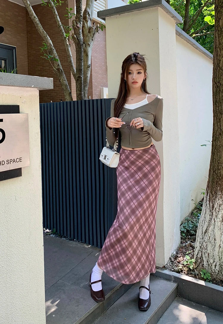Aiertu Autumn Women Vintage Pink Mesh Plaid A-line Half Long Skirts Elastic High Waist Party Bodycon Wrapped Hip Skirt Female Chic Aiertu