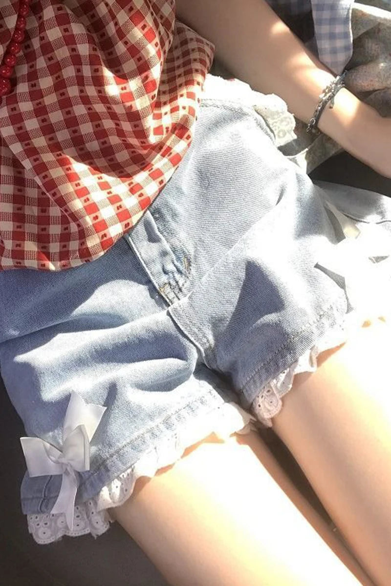 Aiertu Japanese Lolita Soft Girl Denim Shorts Female Student Spring Summer High Waist Lace Bow A- Line Wide Leg Shorts Jeans Hot Pants Aiertu