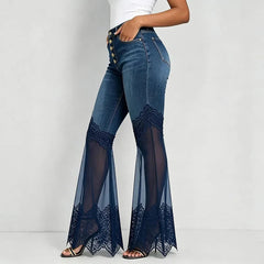 AIERTU  -  Blue Micro Flared Jeans Women High Waisted Multi Breasted Mesh Patchwork Denim Pants Vintage Slim Fit See Through Lace Trousers Aiertu