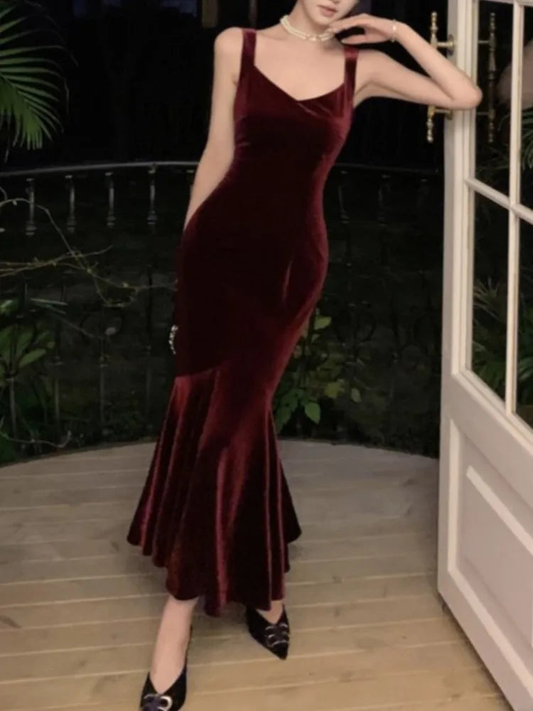 AIERTU  -  French Style Vintage Wine Red Camisole Long Dress Elegant Women Spring Autumn Solid Slim Mermaid Ladies Evening Party Robe New Aiertu