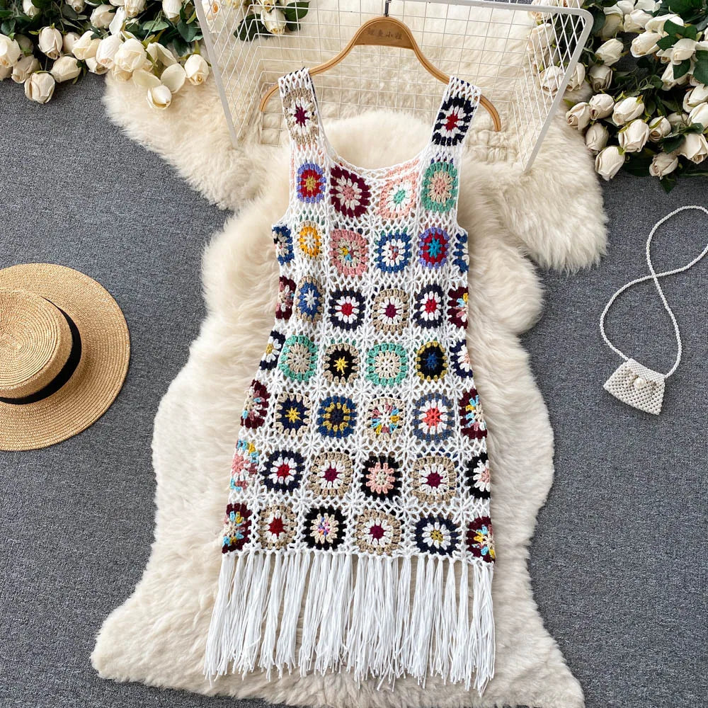 Aiertu Sunmmer Knitted Dress Hook Flower Hollow Out Tassel Women Slim Streetwear Original Design Fashion Vintage Dress Aiertu