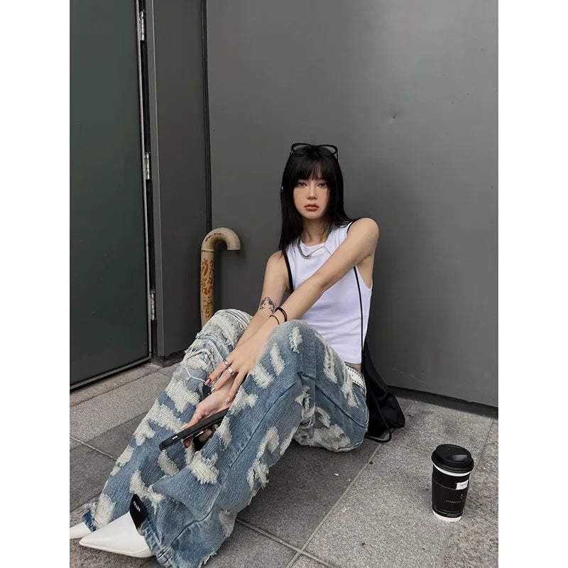 Aiertu Women's Vintage Blue Ripped Jeans Baggy Denim Trousers 2000s High Waist Korean Y2k Streetwear Female Punk Wide Leg Pants Clothes Aiertu