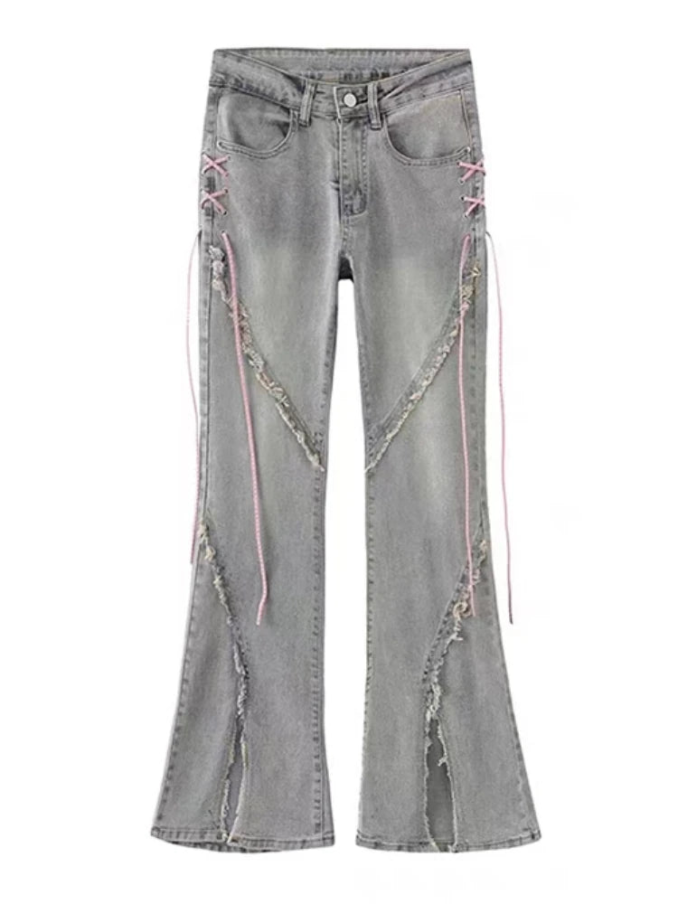 Aiertu Summer Denim Vintage Sweet Pants Women Slim Lace-up Korean Casual Flare Pants Female Japanese France Elegant Open Fork Jeans New Aiertu