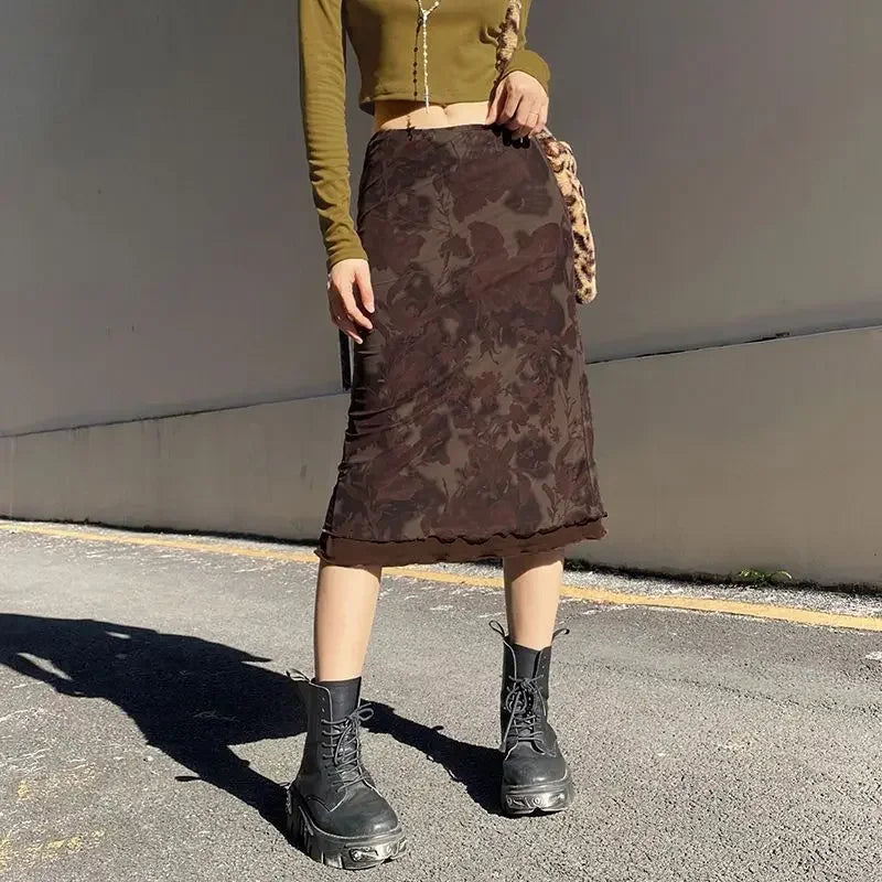 Aiertu Harajuku Vintage Long Skirts Women Floral Print Gothic Retro Skirts Grunge Aesthetic Streetwear Punk A Line Midi Skirt Aiertu