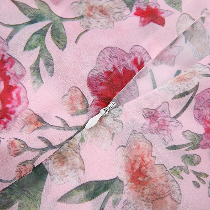 Aiertu Elegant Floral Print Chiffon Dress Pink Side Bandage Aesthetic Irregular Ruffle Mini Dresses Boho Sweet Outfit Party Vacation Aiertu