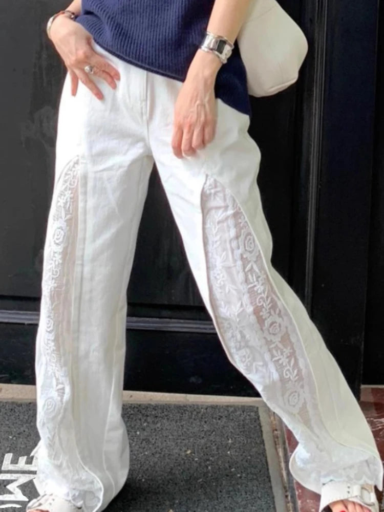 Aiertu New Bottoms Y2k Wide Leg Pants for Women Fashion Patchwork Lace White Trousers High Waist Straight Casual Summer Pantalon Femme Aiertu