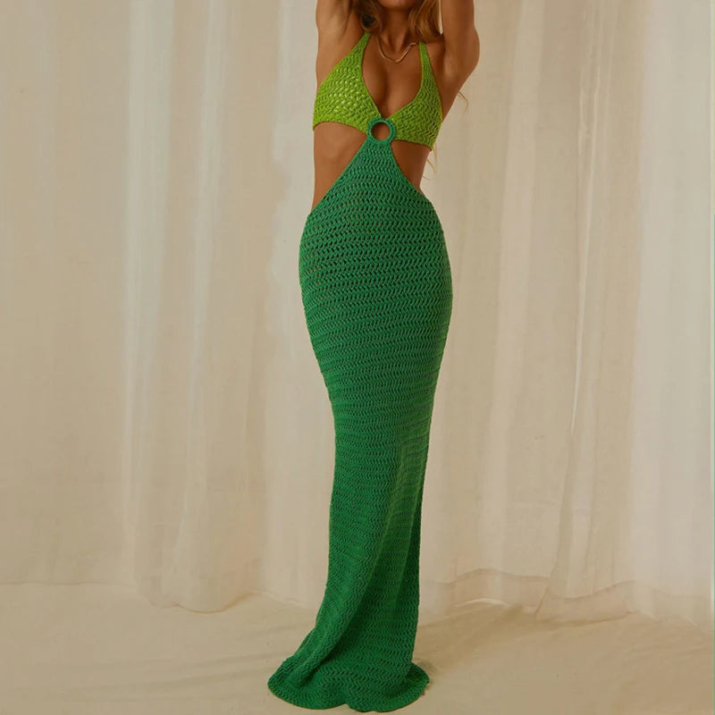 AIERTU  -  Boho Knitted Hollow Out Long Dress Sexy V Neck Backless Tie-up Halter Dress Chic Women Summer Beach Holiday Club Party Clothing Aiertu