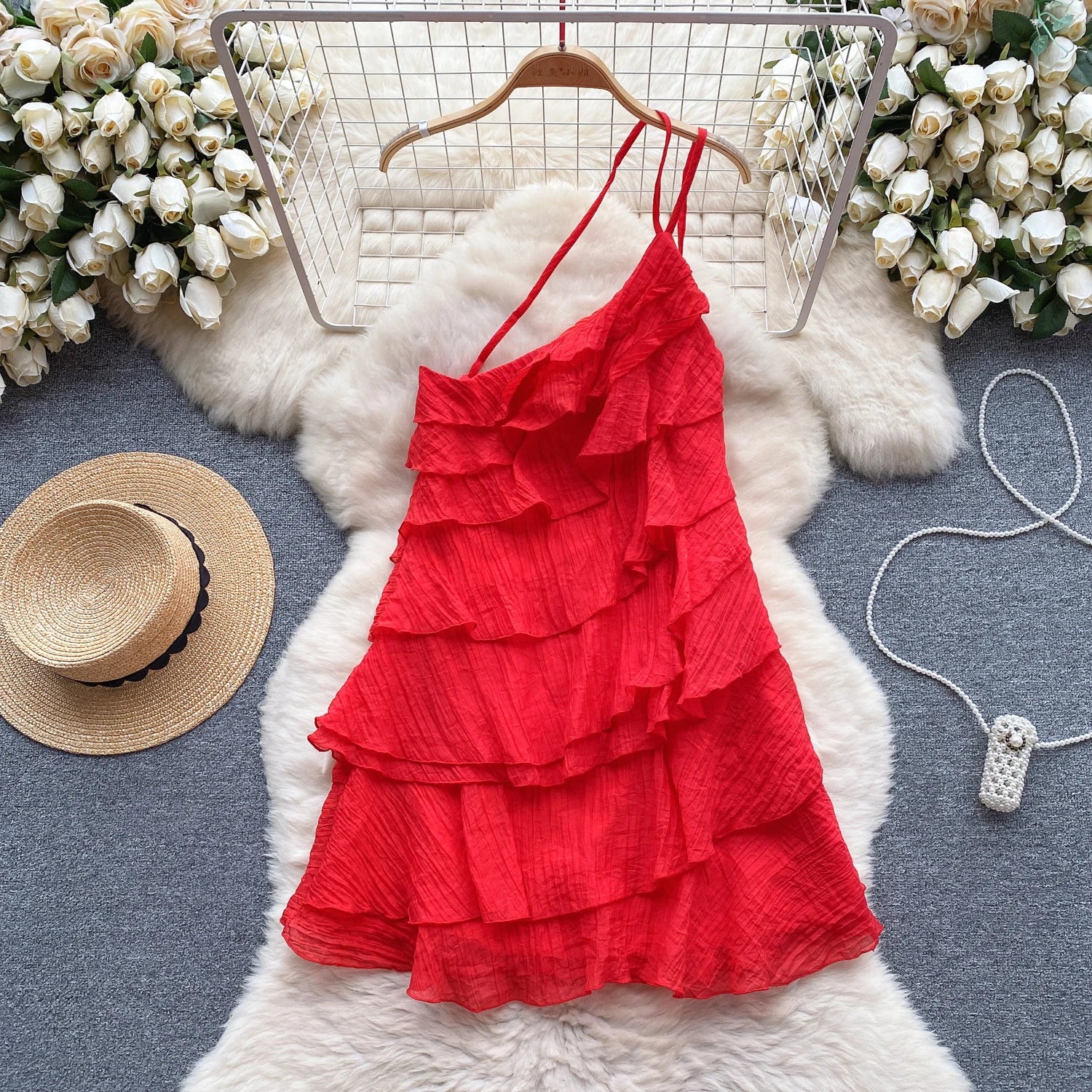 Aiertu Summer Dress Women Diagonal Collar Flounced Edge Tierred Vocation Vestidos Female Exposed Shoulders Dresses Summer Aiertu