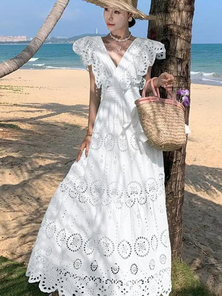 Aiertu White Daisy Flower Embroidery Hollow Out Fly Sleeves Dress Women Summer V Neck Ladies Elegant Fashion Ruffles Fairy Long Dresses Aiertu