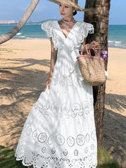 Aiertu White Daisy Flower Embroidery Hollow Out Fly Sleeves Dress Women Summer V Neck Ladies Elegant Fashion Ruffles Fairy Long Dresses Aiertu