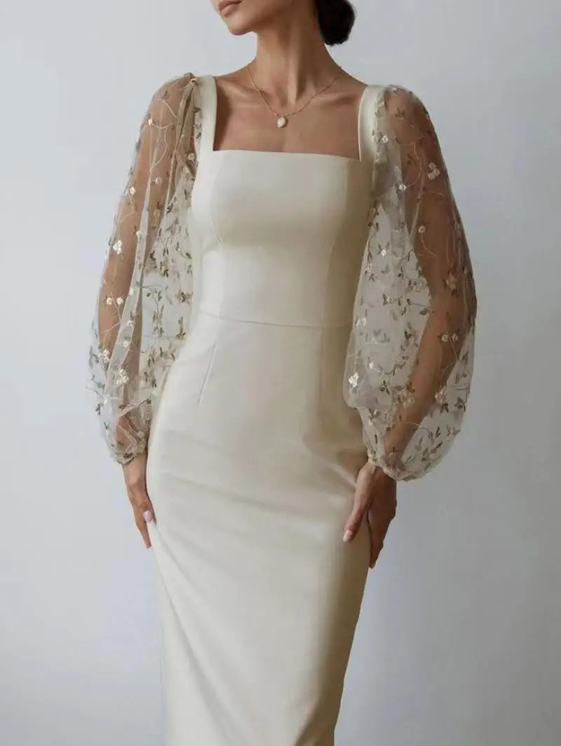 Aiertu Autumn White Dress Women Sexy See Through Lace Embroidery Long Dresses Female Elegant Square Collar Puff Sleeve Slim Party Dress Aiertu