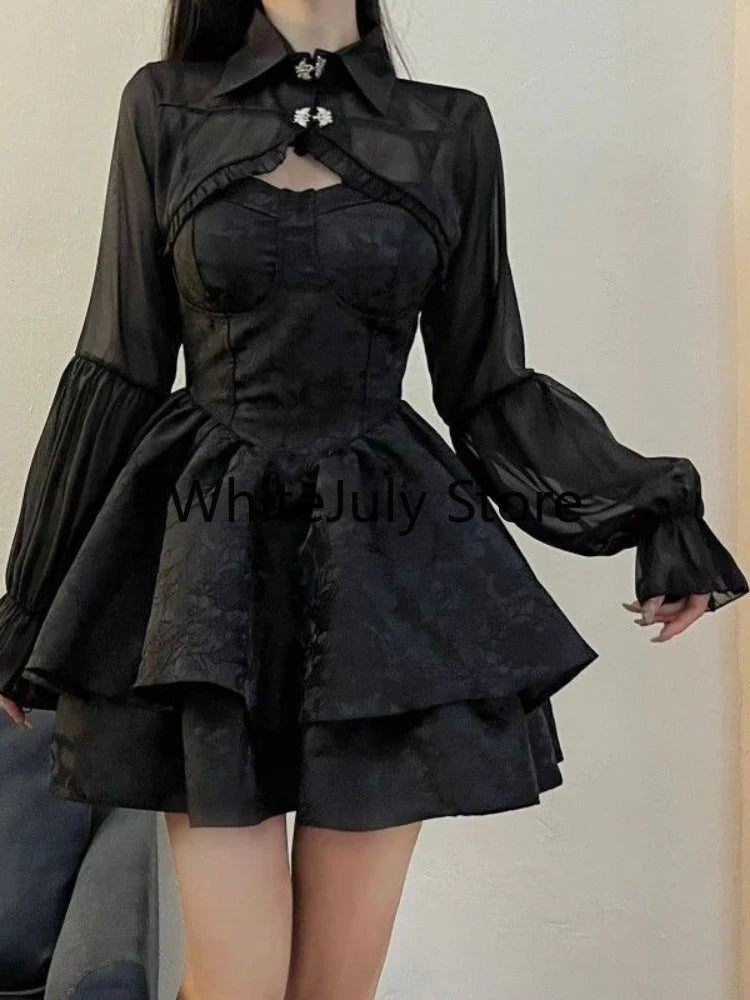 Aiertu DRESS TO IMPRESS Summer Black Gothic Lolita Short Party Suits Women Long Sleeve Coat + Pure Color Mini Dress Fashion High Waist Outfits Chic Aiertu