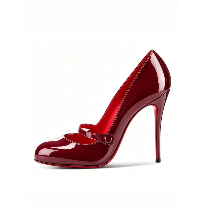 AIERTU  -  New Slim Heel sexy Shallow Mouth 12cm Round Toe Women's Straight Line with Rhinestone Buckle Retro Mary Jane Single Shoe Aiertu