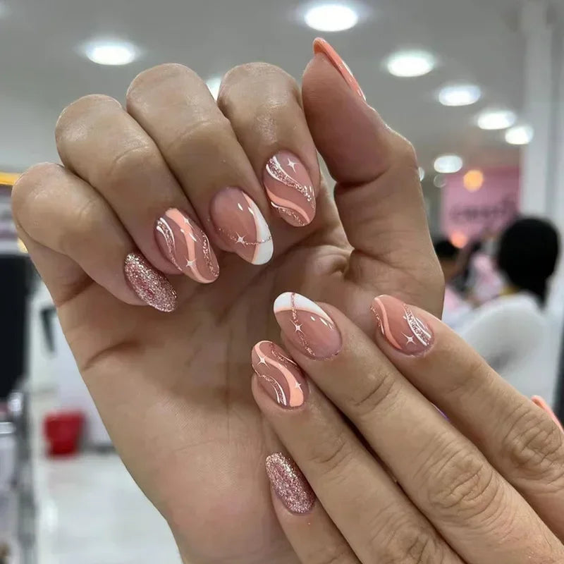 Aiertu 24Pcs Simple Green French False Nails Short Almond Fake Nails with Wave Line Design Wearable Round Head Press on Nail Tips Aiertu