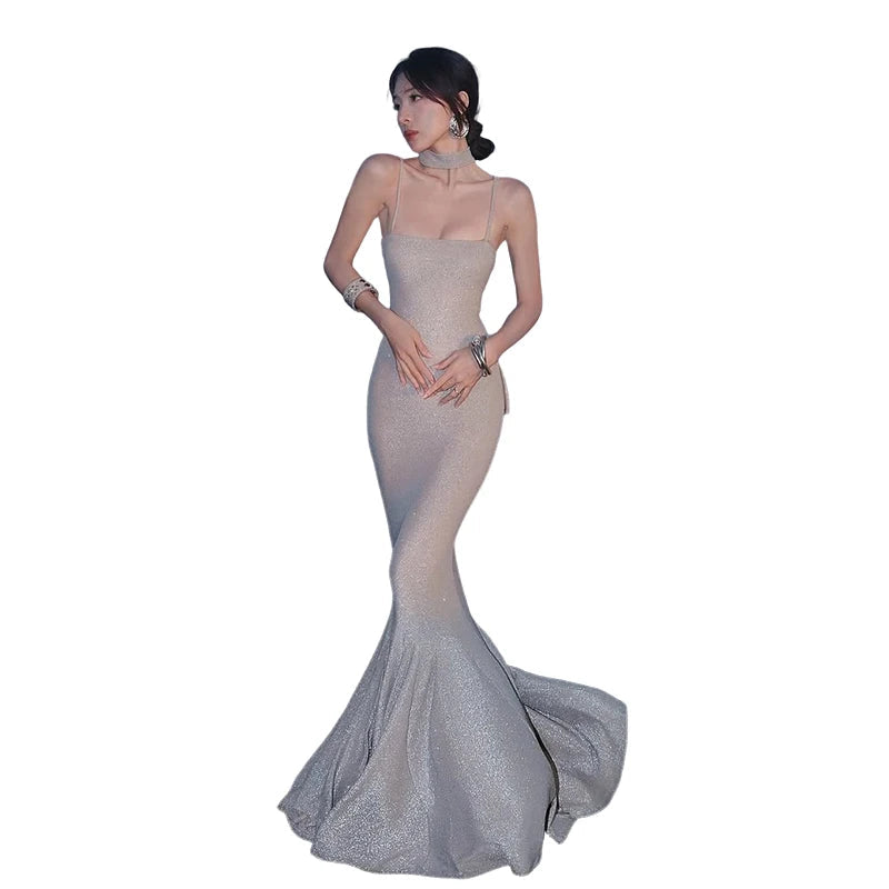 AIERTU  -  Ruched Elegant Sling Dress Woman Summer Trend Bright Silk Low-Neck Backless Sleeveless Vacation Beach Style Long Bodycon Aiertu