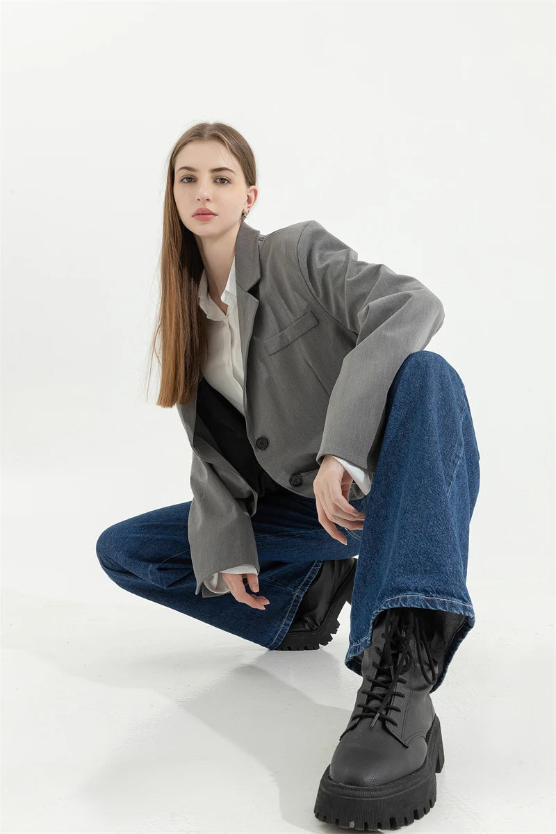 Aiertu Grey Blazer Coat Women Korean Casual Loose Autumn Oversized Single-breasted Turndown Collar Long Sleeve Suit Jacket Female Aiertu