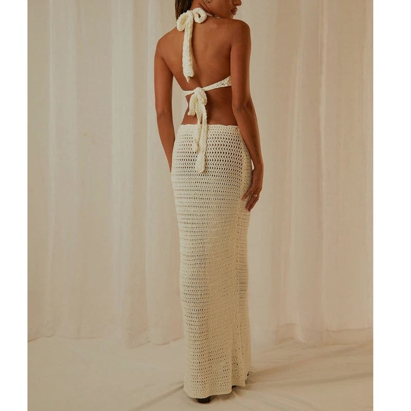 AIERTU  -  Boho Knitted Hollow Out Long Dress Sexy V Neck Backless Tie-up Halter Dress Chic Women Summer Beach Holiday Club Party Clothing Aiertu