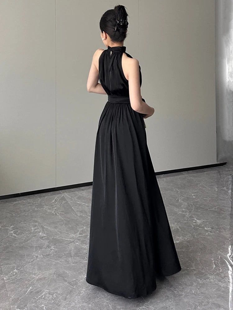 Aiertu Black Sexy Club Pleated Halter Split Dress Women 2024 Fashion Sleeveless Summer Lace Up High Waist Birthday Evening Party Dress Aiertu