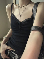 Aiertu Patchwork Lace Button Slim Women Tanks Streetwear Grunge Fashion Vintage Solid Crop Top Y2k Aesthetic All Match Camisoles Summer Aiertu