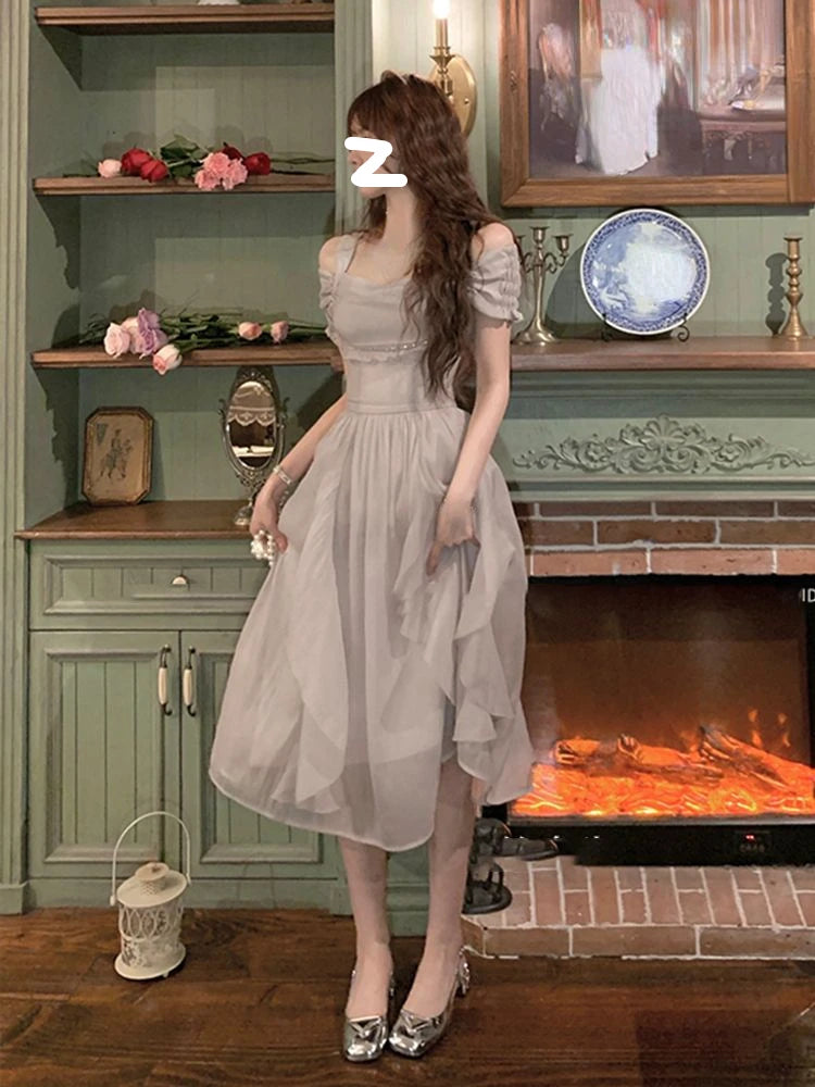 Aiertu French Elegant Fairy Midi Dress Office Lady One Piece Dress Korean Fashion 2024 Summer Pure Color Sweet Even Party Dress Woman Aiertu