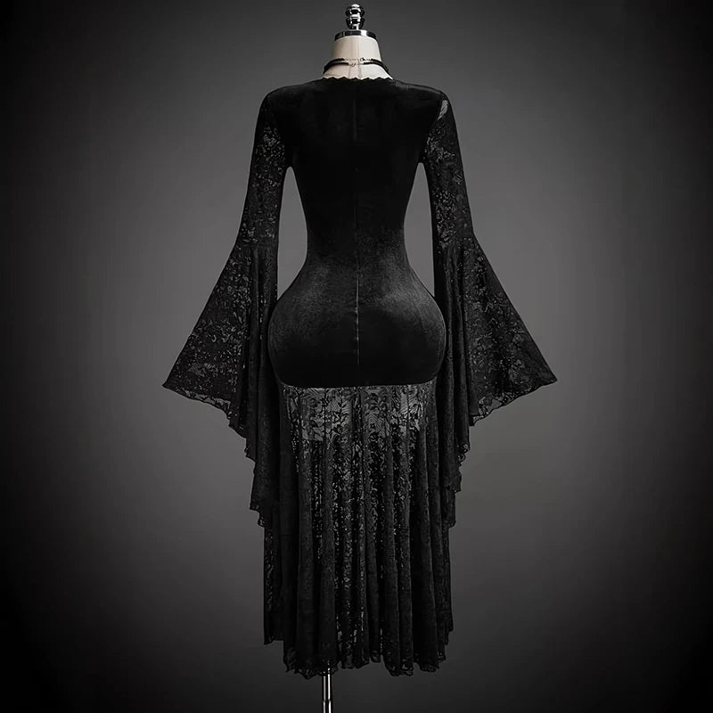 AIERTU  -  Elegant Lace Dress for Women Black V-Neck Flared Sleeve Velvet Dresses Autumn Winter Commuting Slim Fit Long Dresses Aiertu