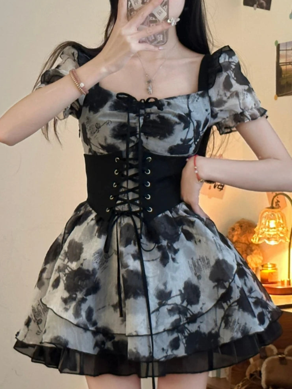 Aiertu - Love of a Midnight Rose Goth Dress Dark Academia Kawaii Academia Y2K Cottagecore Coquette Fairycore Dollette Princesscore Aiertu