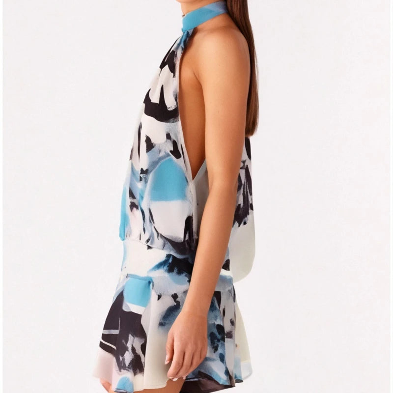 AIERTU  -  Women'S Sexy Sleeveless Blackless O Neck Strap Halter Short Mini Dress Spicy Beach Printed Vintage Summer Beach Dresses Aiertu