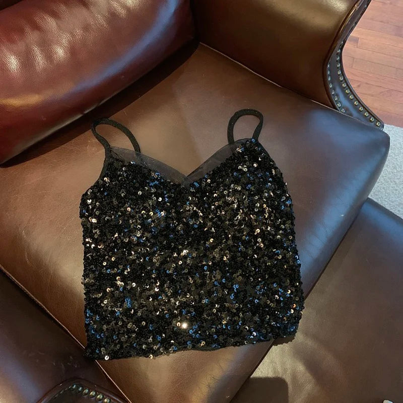 Sexy Sequin Party spaghetti Croset Bustier backless Slim Tanks and Camis Strap Glitter Crop Top Fashion Summer Women Clothes Y2k Aiertu