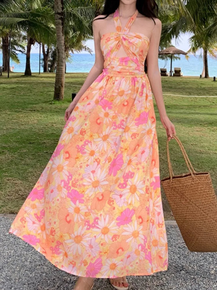 Aiertu Summer Elegant Casual Women Floral Dress Halter A-Line Beach Holiday Party Long Robe Female Vintage Boho Clothes Vestidos New Aiertu