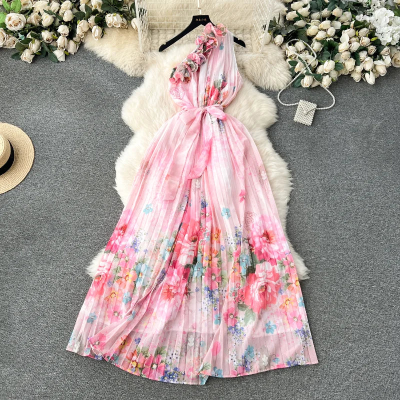 Chic Fashion Women Summer Floral Print Ruffles Skew Collar Off Shoulder Dresses Slim Elegant Pleated Vestidos Mujer Aiertu