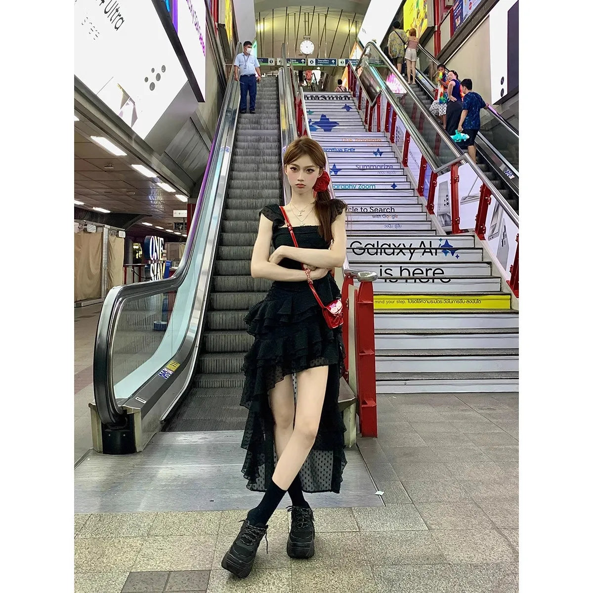 Aiertu Y2K Summer Women's Fashion One-shoulder Irregular Trailing Suspender Black White Chic Tutu Dress Street Wear Vacation Sundress Aiertu