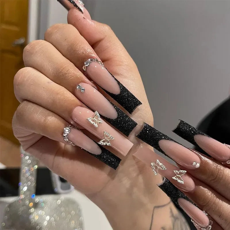 Aiertu 24pcs Artifical Bails With Glue Fake Nail Tips With Design Detachable Press On Nails Long Fake Nail Finished Nail Piece Sticker Aiertu