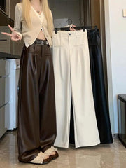 New White Casual Fashion Female Pu Wide Leg Pants Winter Black Office Lady Loose High Waist Simple Women Brown Leather Trousers Aiertu