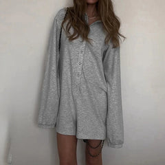 AIERTU  -  Casual Single-breasted Polo collar Loose Simple Long Sleeved Short Jumpsuits Street Gray Versatile Autumn Romper Clubwear Aiertu