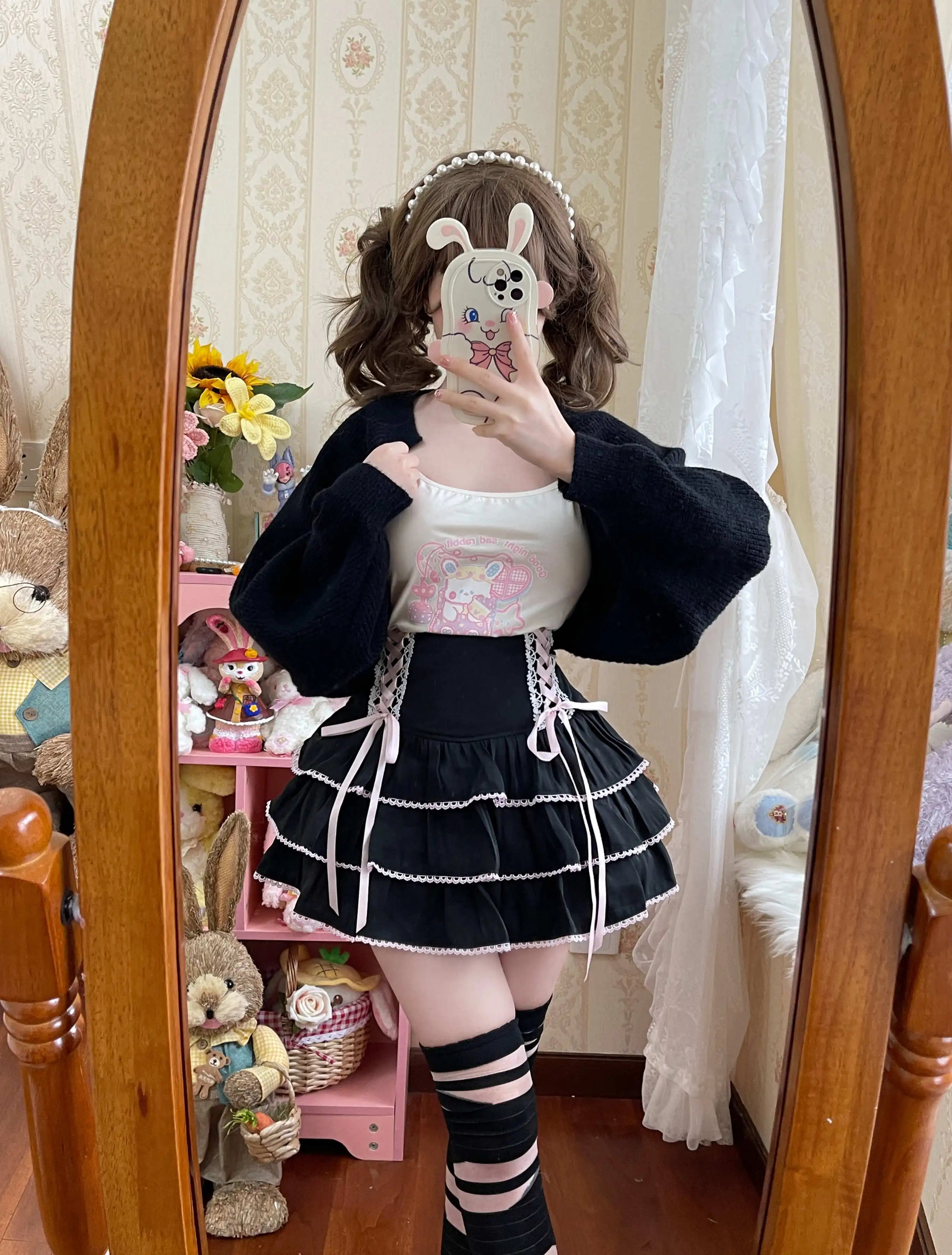 Lolita Tiered Mini Skirt Women Skorts Kawaii Layered Ruffle High Waist Lace Up A Line Cute Skirts for Teen Girls Aiertu