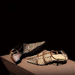 AIERTU  -  Summer New Vintage Hollow Woven Low Heel Sandals Women Elegant Pointed Toe Block Heel Strap Casual Shoes Aiertu
