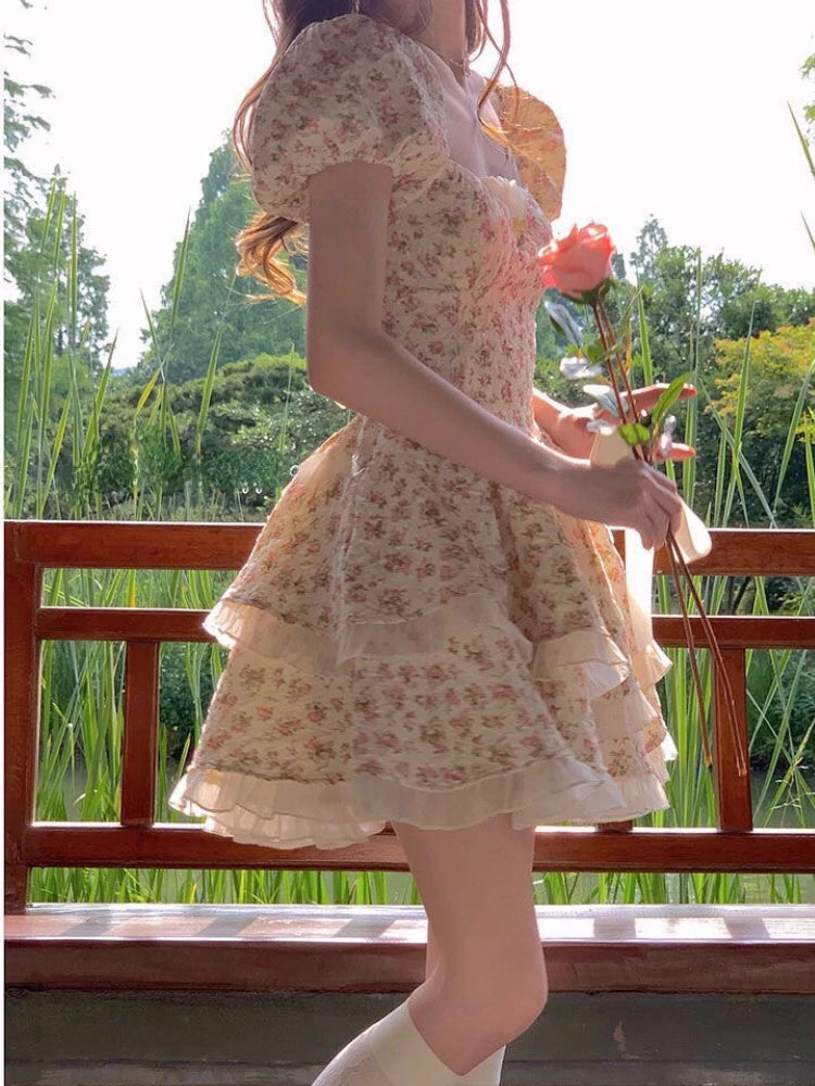 Aiertu Flower Print Kawaii Sweet Dress Women Hollow Out French Vintage Mini Dress Female Butterfly-knot Korean Designer Dress New Aiertu