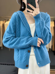 Women's Cardigan Autumn Winter High Quality Soft 100% Merino Wool Sweater Twist Flower Cashmere Knitted Hoodie Korean Aiertu
