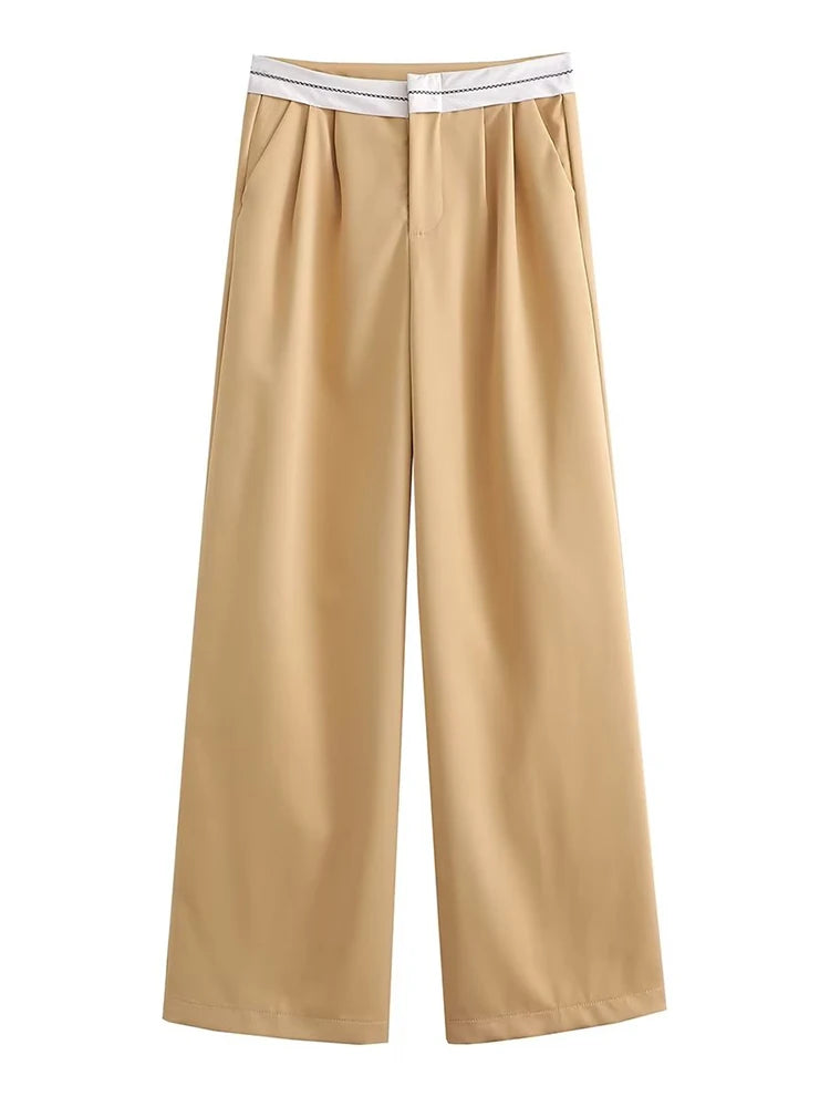 Aiertu  Women Fashion Side Pockets Patchwork Straight Pants Vintage High Waist Zipper Fly Female Casual Trousers Mujer Aiertu