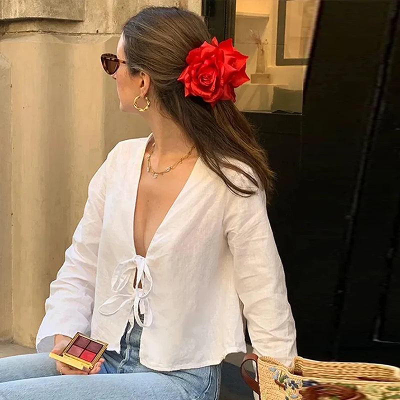 Aiertu Plaid Love Pocket Print Shirts Women Hollow Out Lace Up V-neck Blouses 2024 Spring Female Vacation Street Sweet Lady Outwear Aiertu