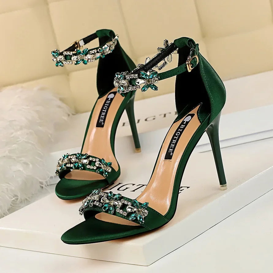 Aiertu Women Fetish 9cm High Heels Crystal Designer Sandals Lady Silk Wedding Bridal Heels Glitter Rhinestone Flower Satin Strap Shoes Aiertu