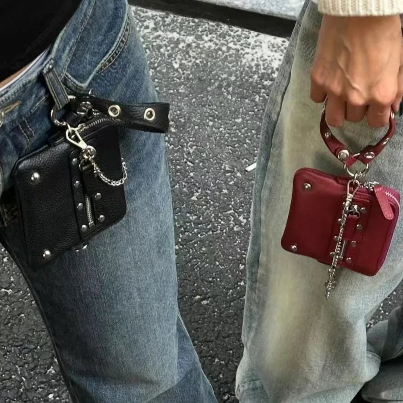 AIERTU  -  Motorcycle Rivet Chain Crossbody Carry Small Square Bag Wallet Fashionable Hanging Bag Hip Hop Retro Street Trend Mini Card Bag Aiertu