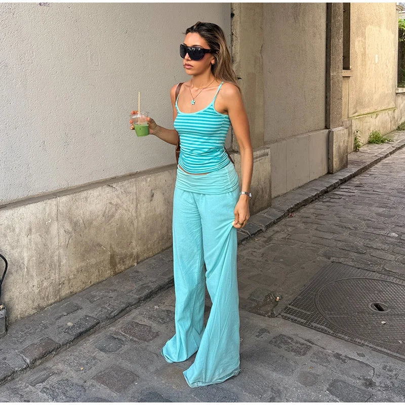 AIERTU  -  Casual Fold Solid Women's Pants Loose Elastic Waist Wide Leg Pleated Female Trousers Summer Lady Chic All-match Trouser New Aiertu