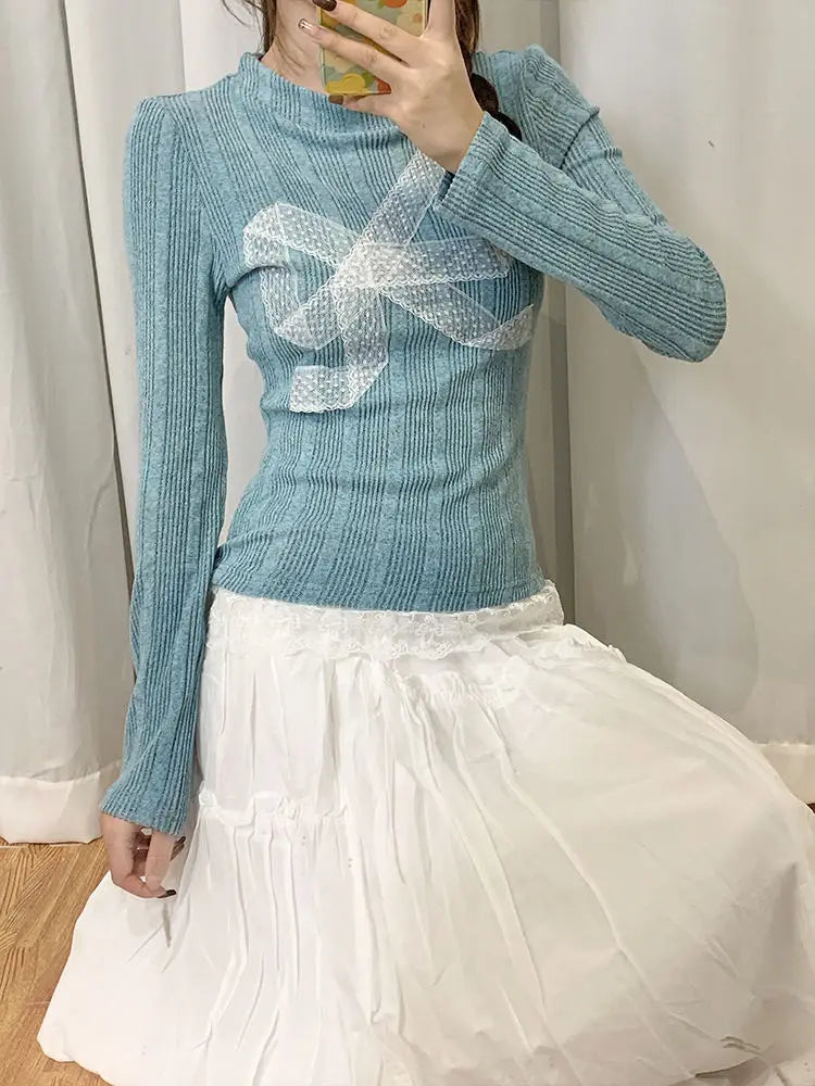 Aiertu Korean Style Y2k Knitted Pullover Women Bow Lace Long Sleeve Sweaters Harajuku Vintage Patchwork Knitwear Pullovers Aiertu