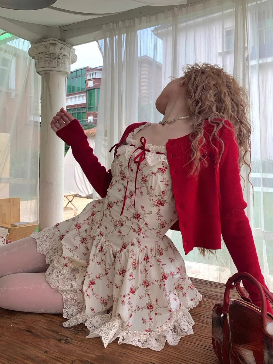Aiertu 2024 New Sweet Floral Dress Set Woman Casual Red Short Cardigan Elegant Lace Y2k Mini Dress Beach Korean Fashion Clothing Suit Aiertu
