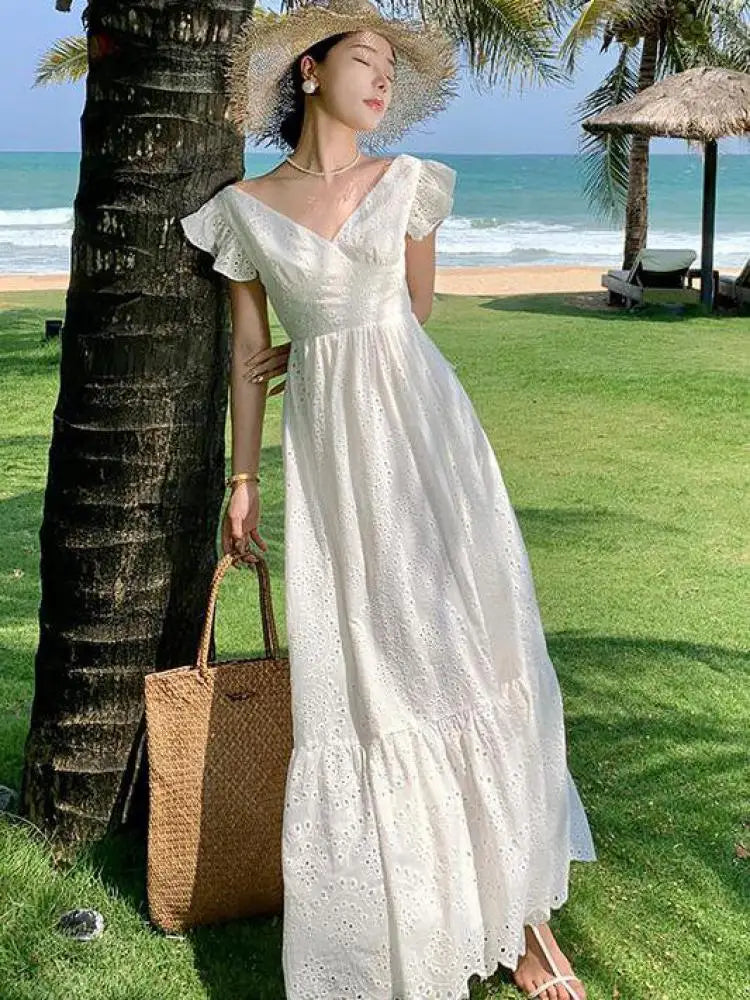Aiertu Women White V-neck Backless Bandage Evening Party Dress Fashion New Hollow Out Long Sleeve Elegant Slim A-line Sundress Vestidos Aiertu