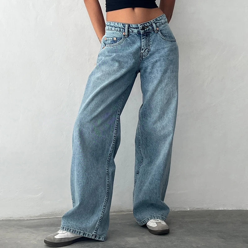 AIERTU  -  Women Y2K Low Rise Baggy Jeans Retro Aesthetic Loose Fit Boyfriend Straight Wide Leg Jeans Trendy Stretch Long Denim Pants Aiertu