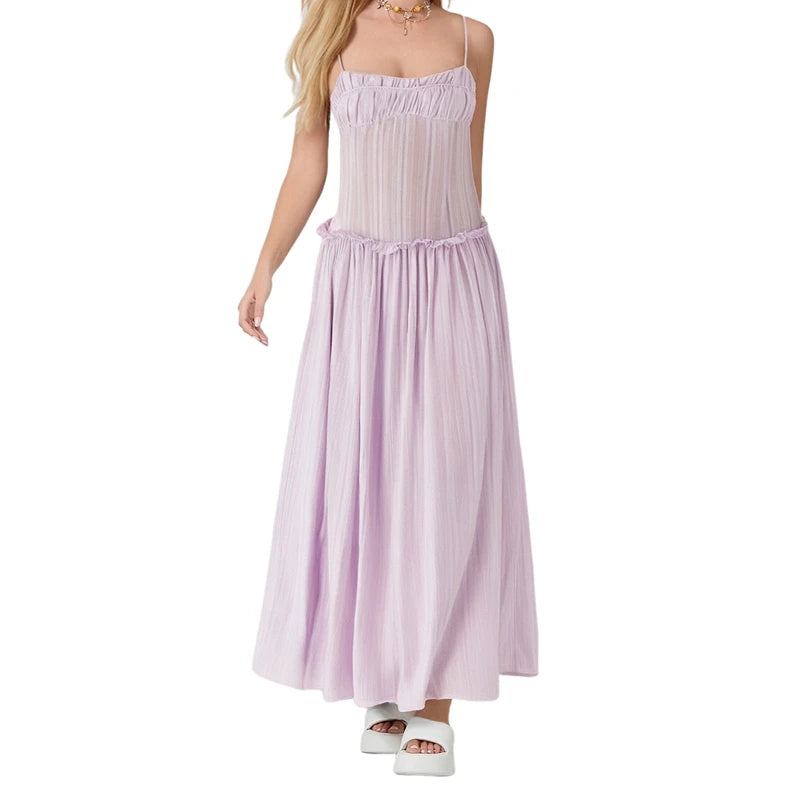 AIERTU  -  Women Y2K Maxi Dress Elegent Spaghetti Strap Square Neck Pleated Front Flowy Long Dress Summer Backless Ruched Ruffle Hem Dress Aiertu