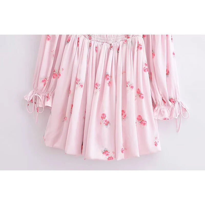 Aiertu Sweet Pink Floral Print Satin Sexy Off Shoulder Dress Women Long Sleeve Holiday Party Mini Dresses Princess Fairy Robe Aiertu